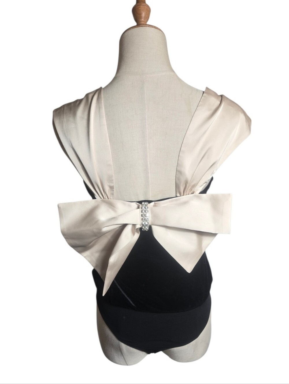 Express Black Velvey  Bodysuit with Cream Bow and Rhinestone Accent